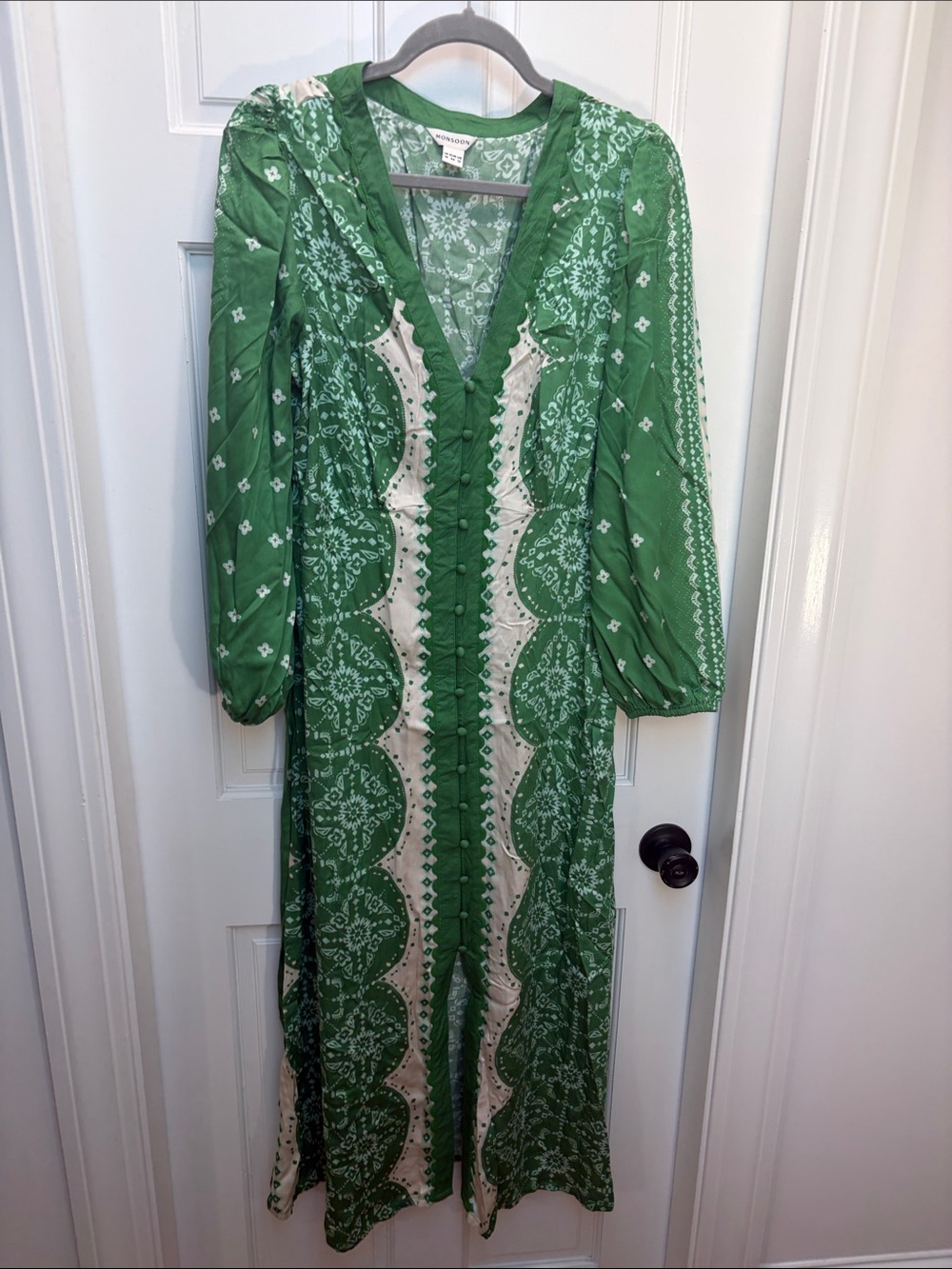 Monsoon Green and Cream Printed V-Neck Maxi Dress